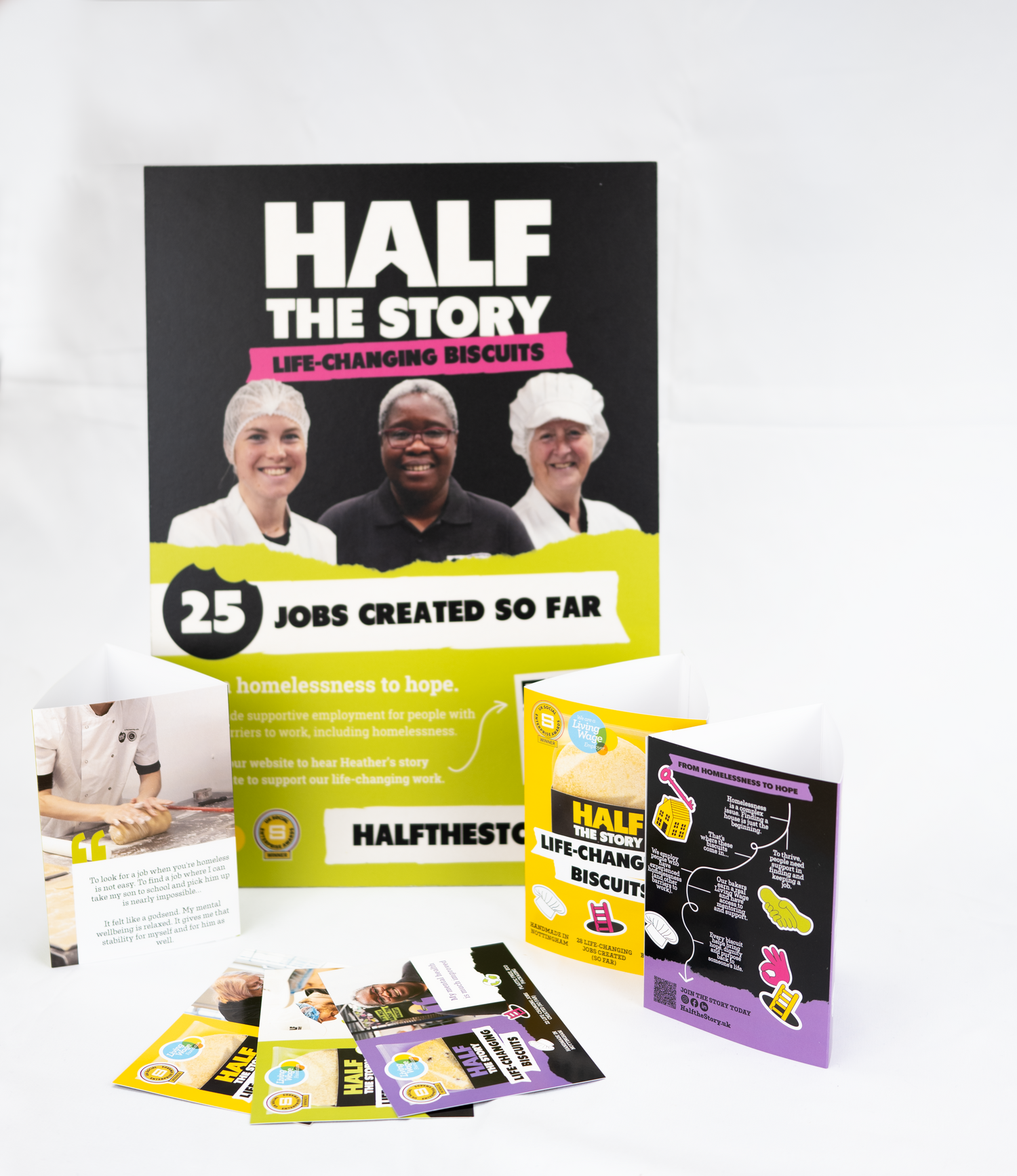 Promotional materials for 'Half the Story' with images of people and text on a white background
